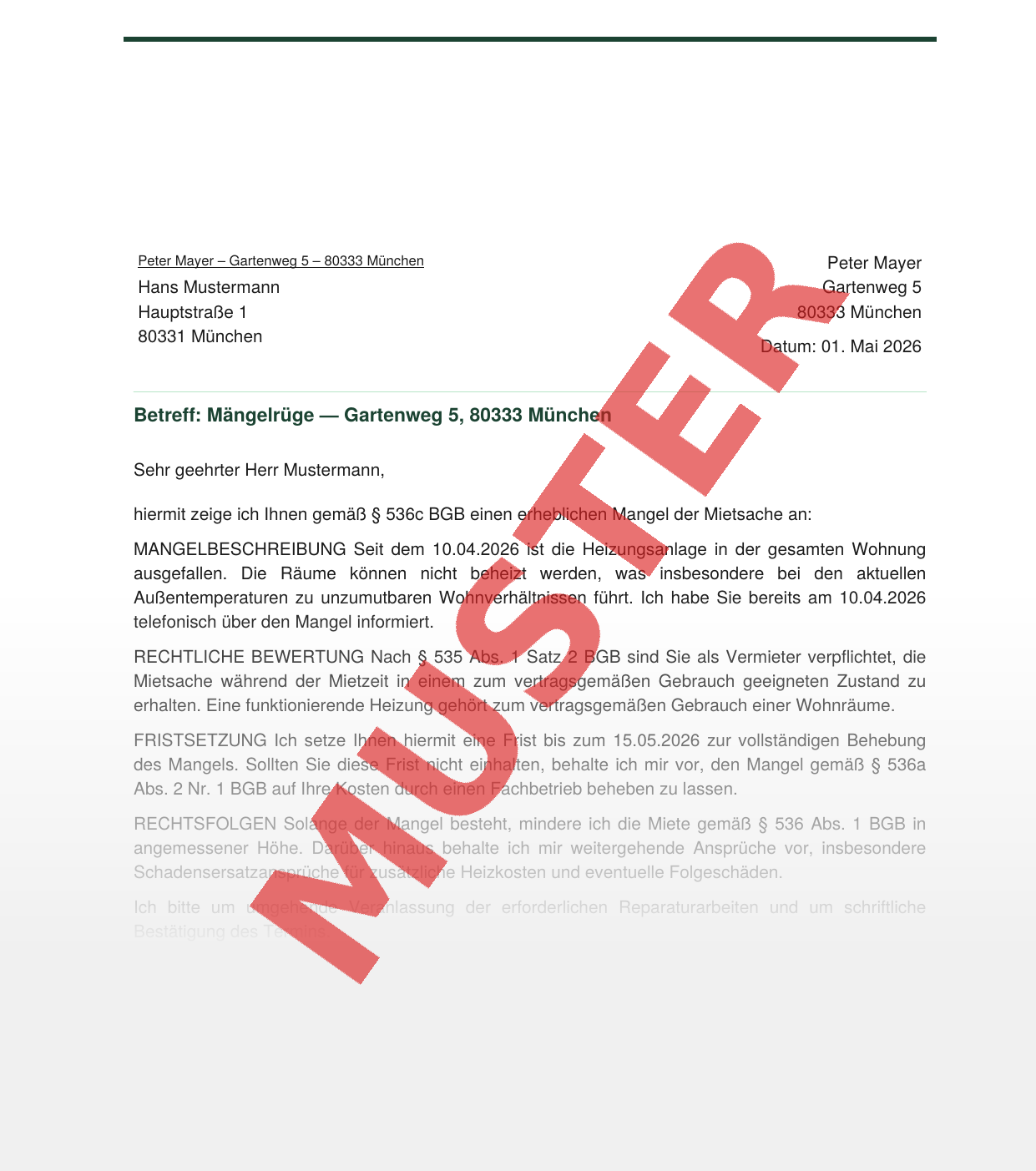 Musterbrief Mängelrüge — Vorschau