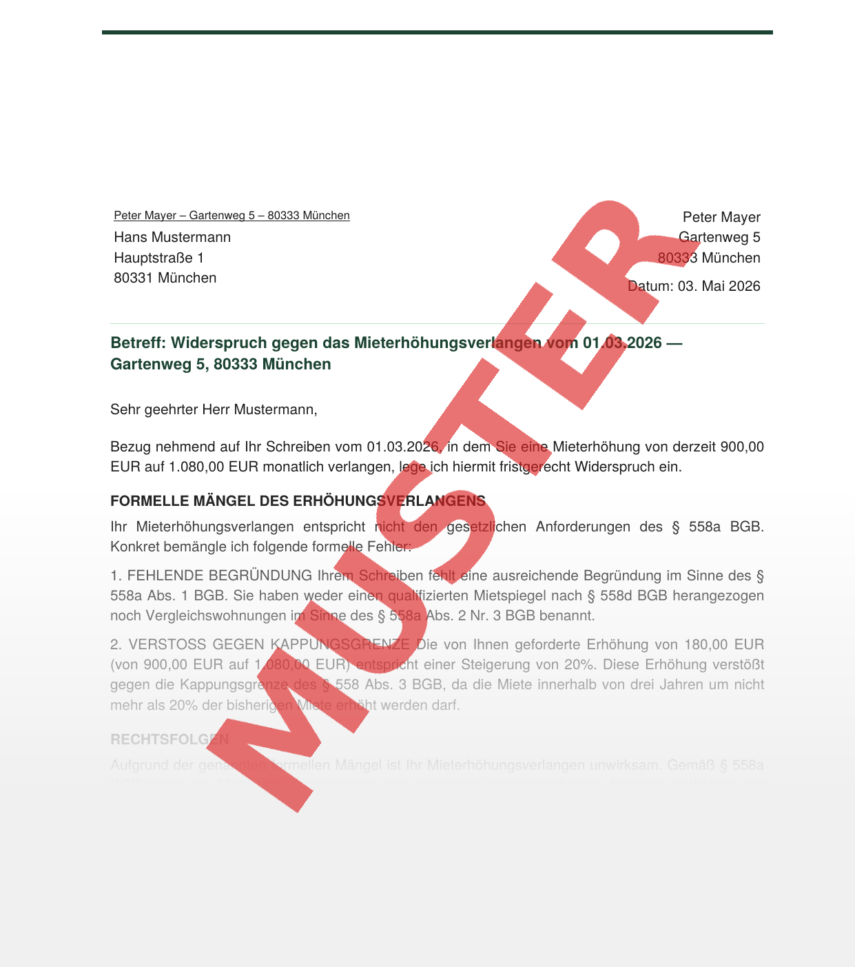 Musterbrief Widerspruch Mieterhöhung — Vorschau